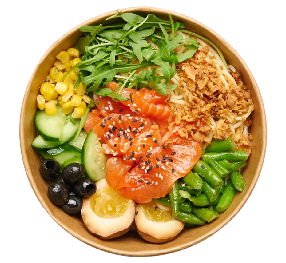 Боул з лососем, маслинами та стручковою квасолею